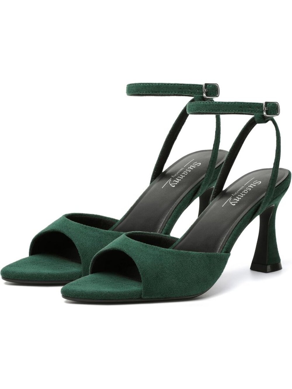 Women's Green Pointed Open Toe Strappy Chunky Block Heel Ankle Strap Shoes
